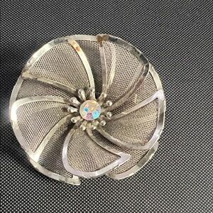 Silver colored Floral Brooch with Crystal Accent